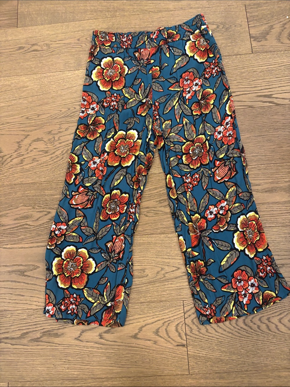 Woman’s Floral Wide-Leg Pants - Teal with Red & Yellow Flowers